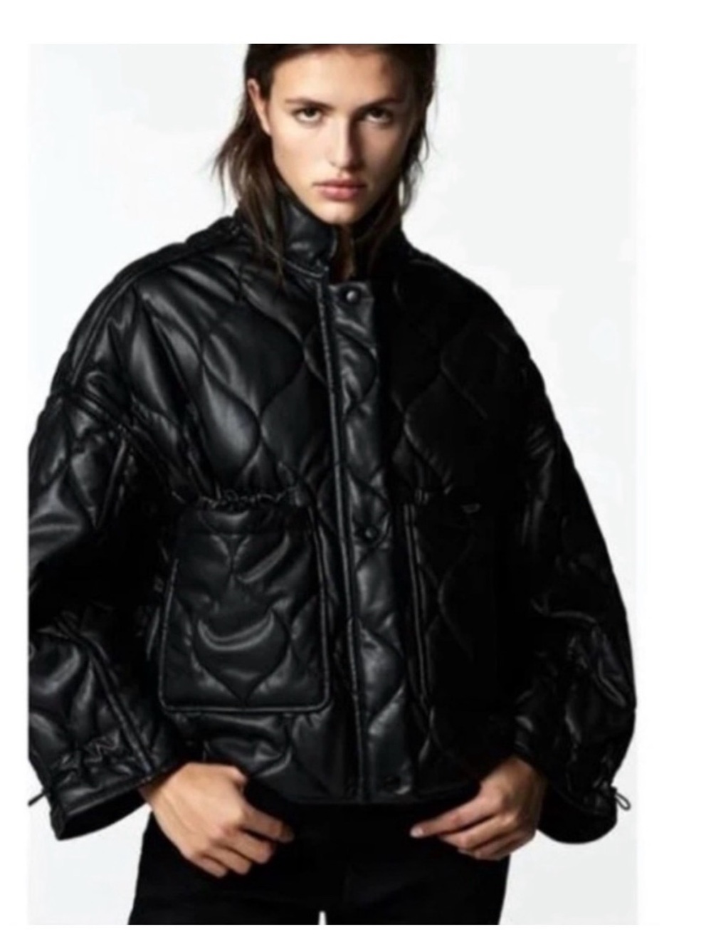 ZARA Black Faux Leather Oversized Quilted Bomber Jacket - Picture 2 of 6